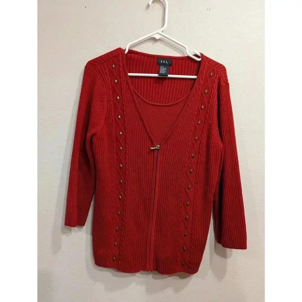Rust colored sweater set w/zip front and diamond knit & studding detail by RQT L
